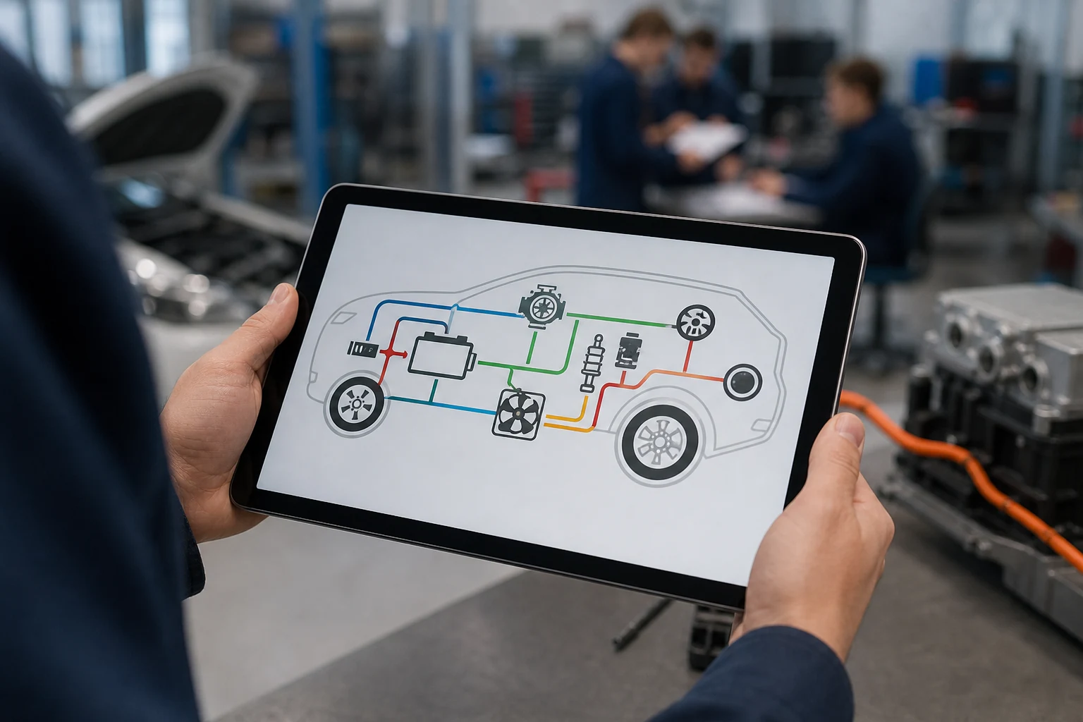 Tablet mit Schema zu Fahrzeugprüfung und Lernnotizen